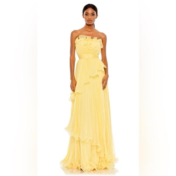 Mac Duggal 49537 NWT Butter Yellow Pleated Tiered Ruffled Strapless Gown - Picture 1 of 8